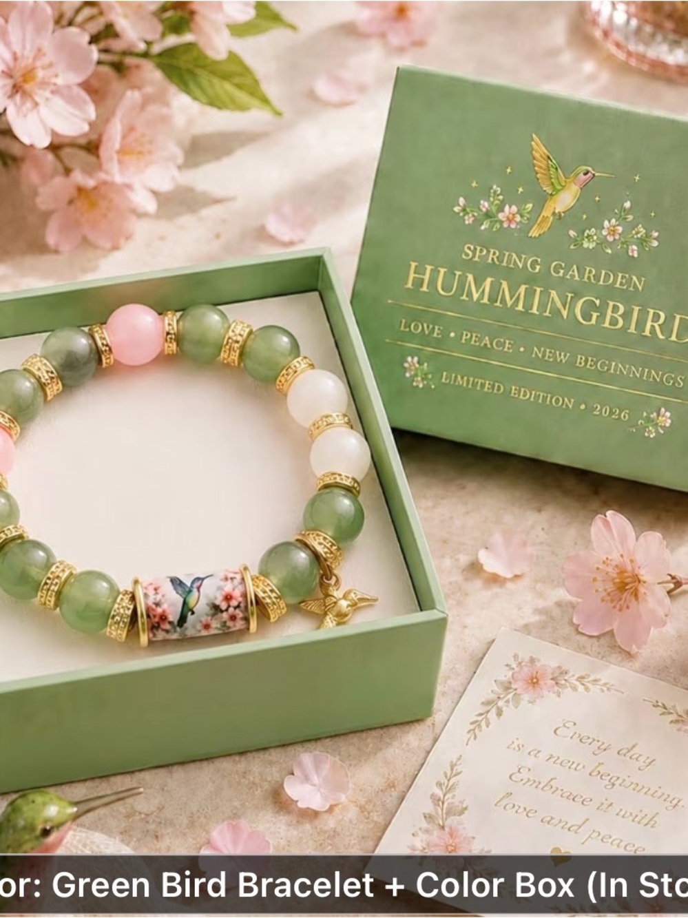 Hummingbird Spring Garden Green & Pink Beaded Bracelet